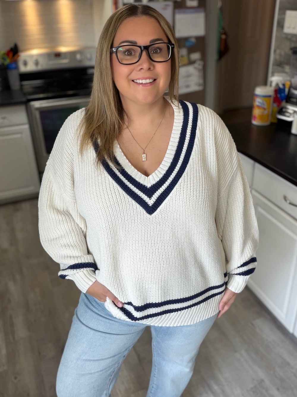 Only Womens Preppy Loose Knit Sweater Size XXL White Navy Old Money Varsity NWT